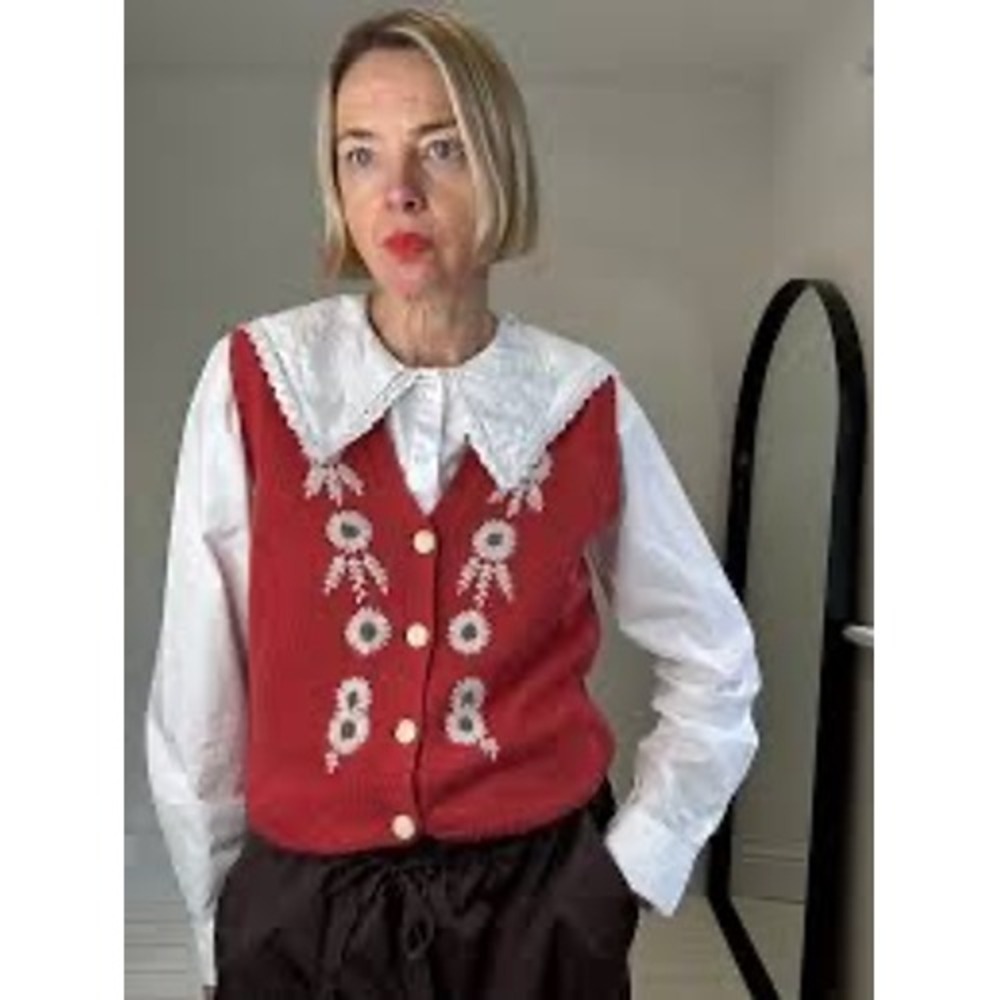 Alex Mill Becca Embroidered Knitted Vest Persimmon Red Cotton Linen Floral XS